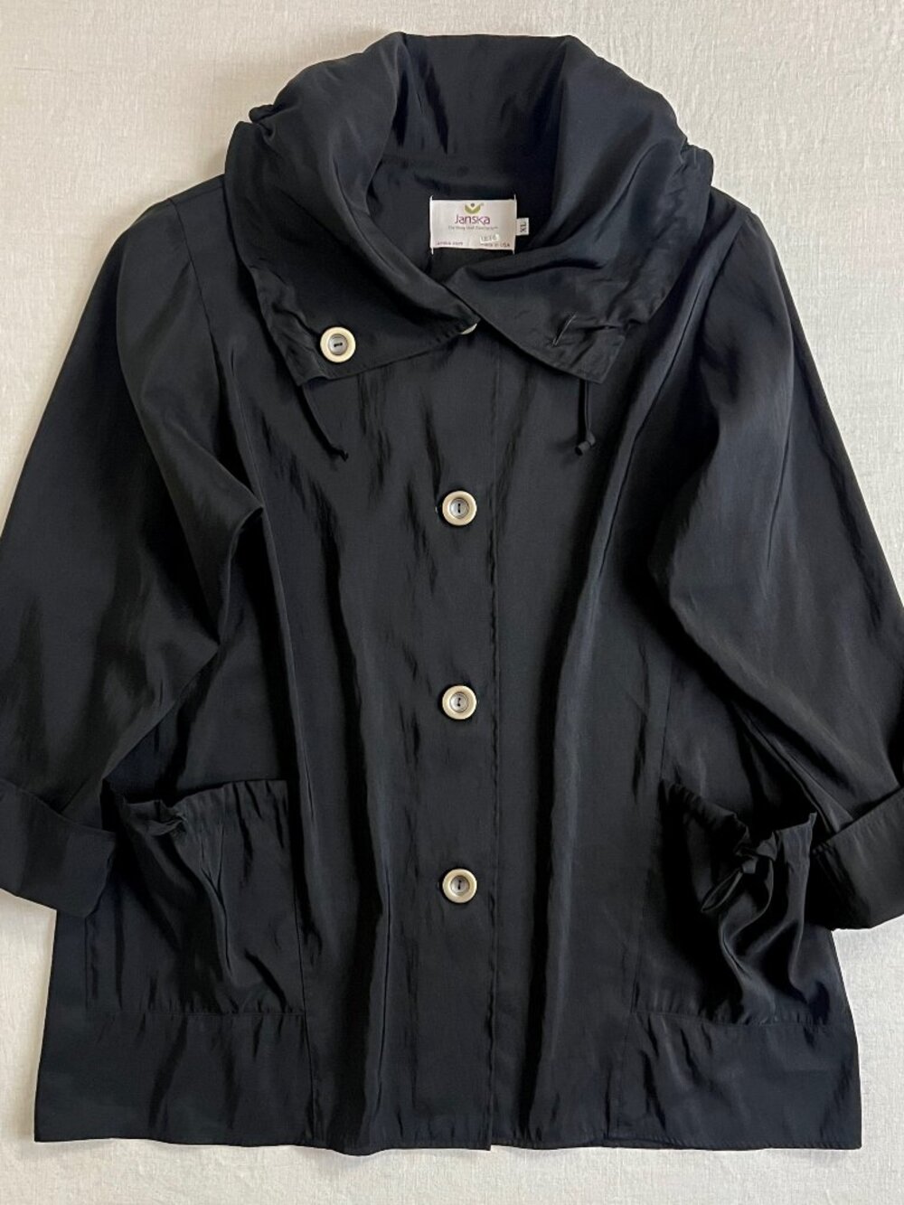 Janska Black Lagenlook Swing Jacket Oversized Funnel Collar Statement Buttons XL